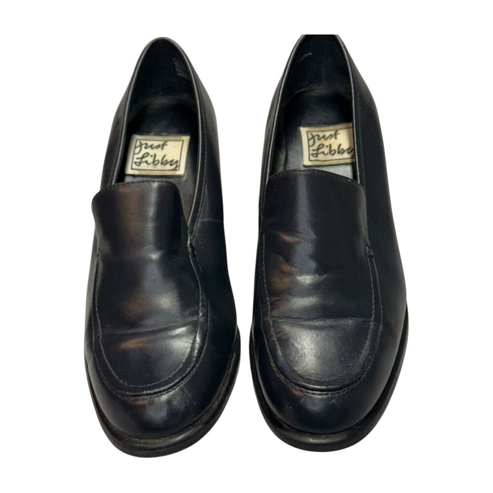 Just Libby Women's US 7.5B Loafer Black Leather Block Heel Casual Slip-On Shoes